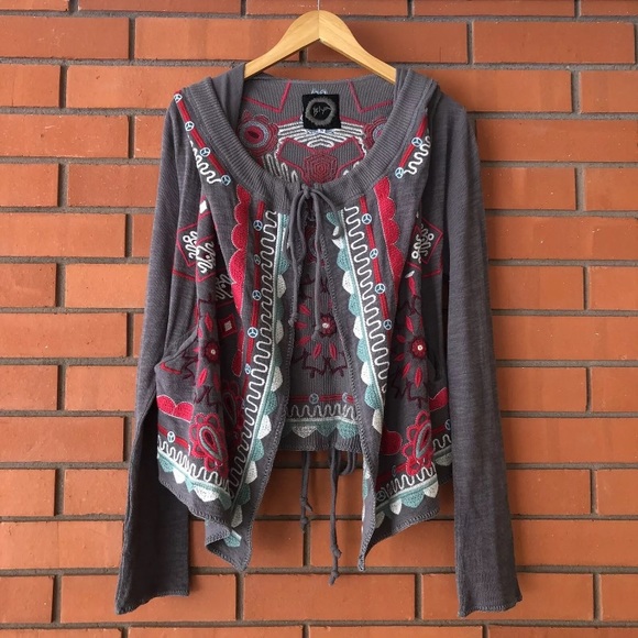Johnny Was Sweaters - BIYA by JOHNNY WAS Gray Long Sleeve Hooded Embroidered Wrap Sweater